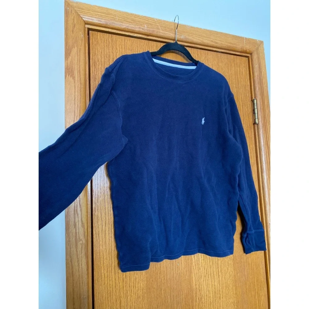 Polo Ralph Lauren Waffle Knit Thermal Long Sleeve Blue Shirt Medium Preppy Rugby